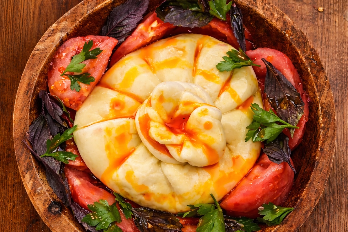 პომიდვრის სალათი სულგუნის ბურთით